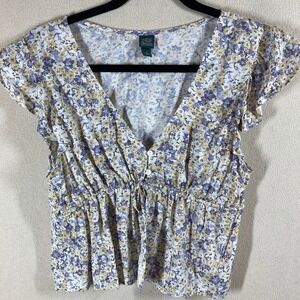 Wild Fable Cropped Babydoll Blouse Sz M Purple Yellow‎ Floral Fairy Cottage